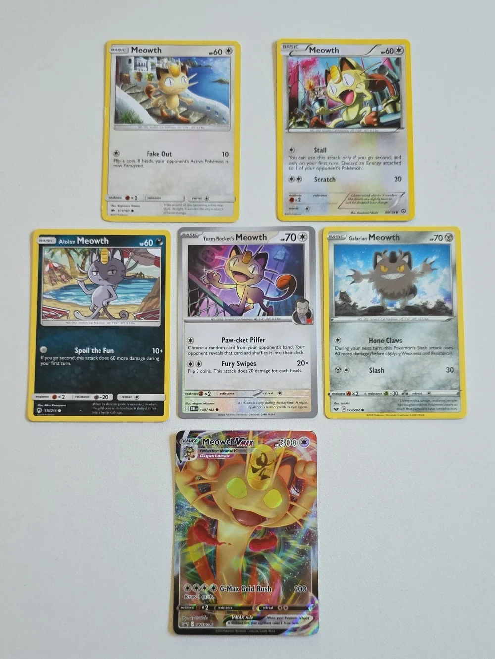 Pokemon Meowth Trading Cards - Alolan, Team Rocket's, Galarian, Vmax